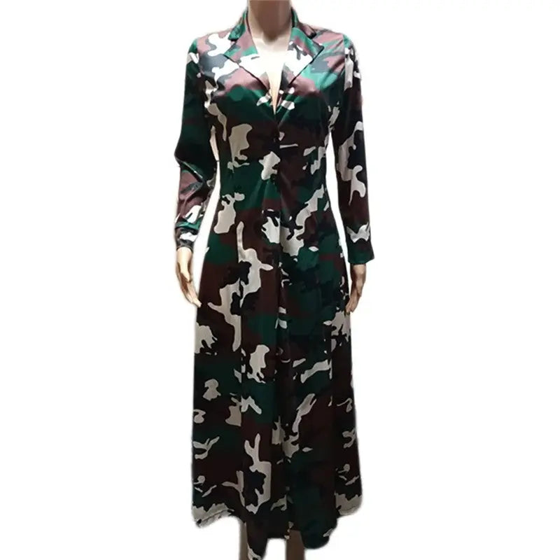 Fashionable Long Camouflage Print Over-The-Knee Coat