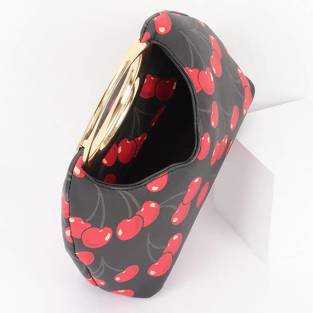 Cherry Print Faux Leather Metal Handle Bag