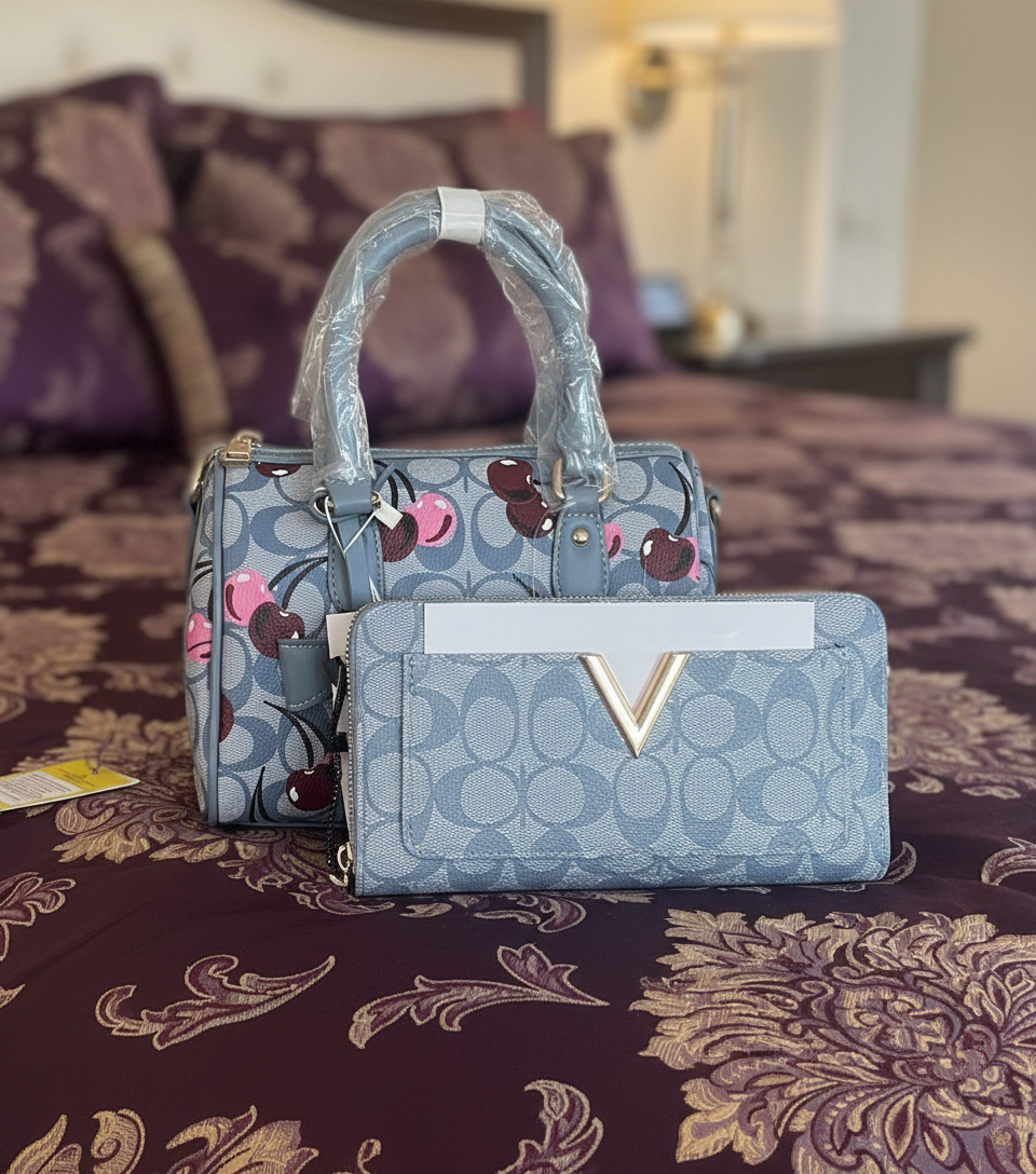 Oval Design Cherry Boston Bag and Crossbody Bag Set