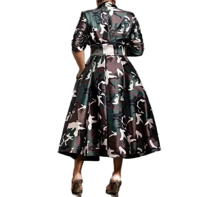 Fashionable Long Camouflage Print Over-The-Knee Coat