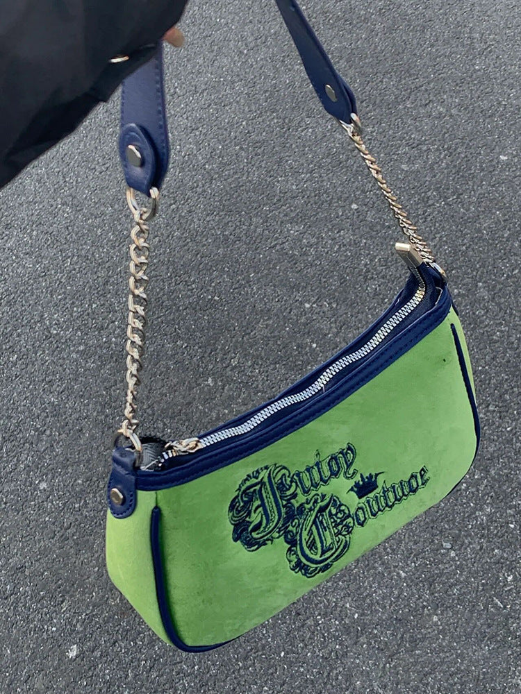 Vintage Grass Embroidered Velvet Shoulder Handbag