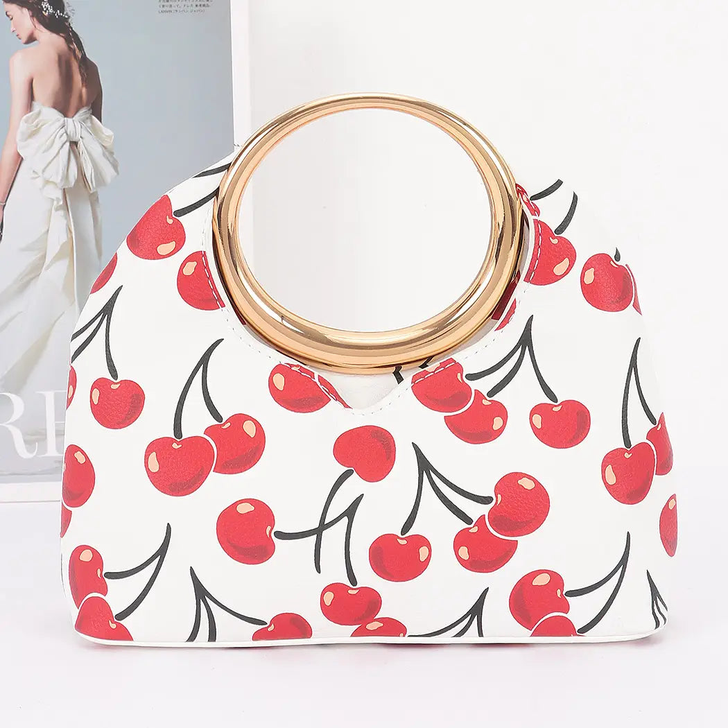 Cherry Print Faux Leather Metal Handle Bag