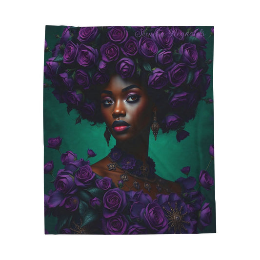 Black Woman queen of the Purple roses, African American Blanket, Floral Throw, Cozy Home Decor, Fleece Bedspread