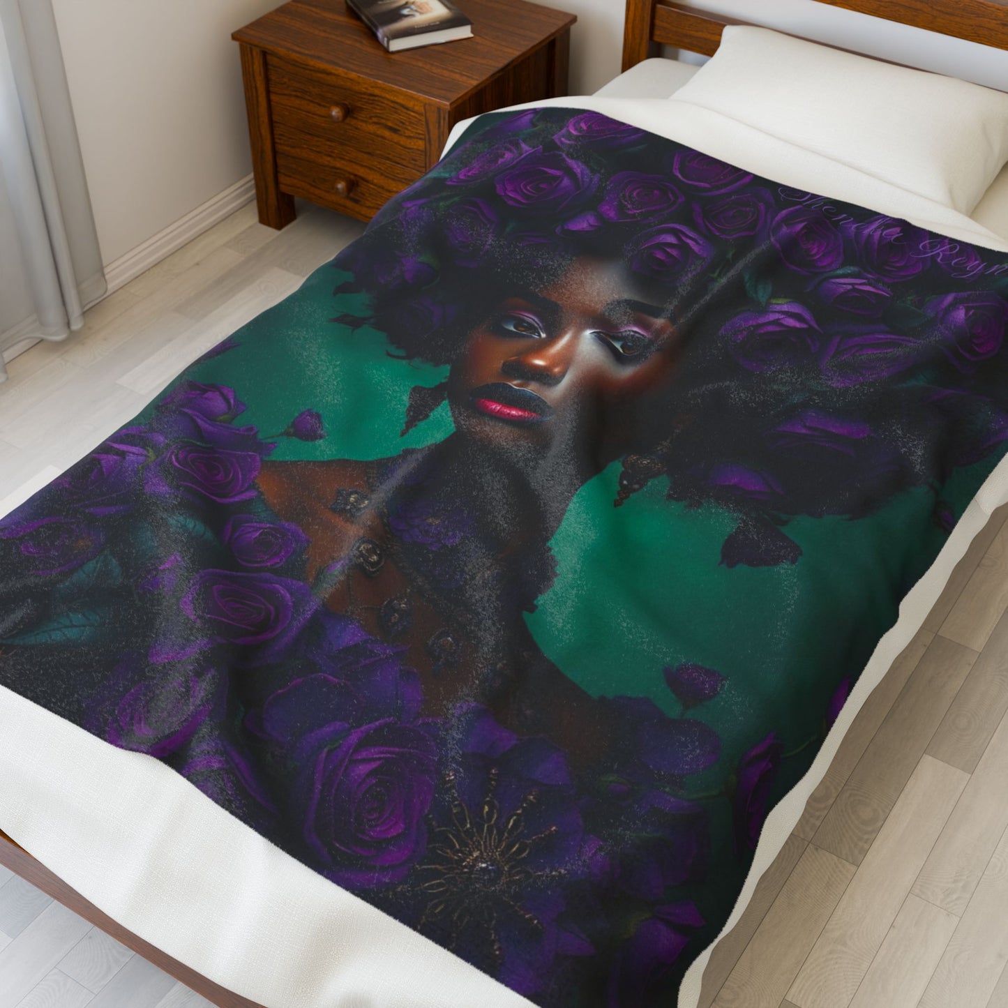 Black Woman queen of the Purple roses, African American Blanket, Floral Throw, Cozy Home Decor, Fleece Bedspread