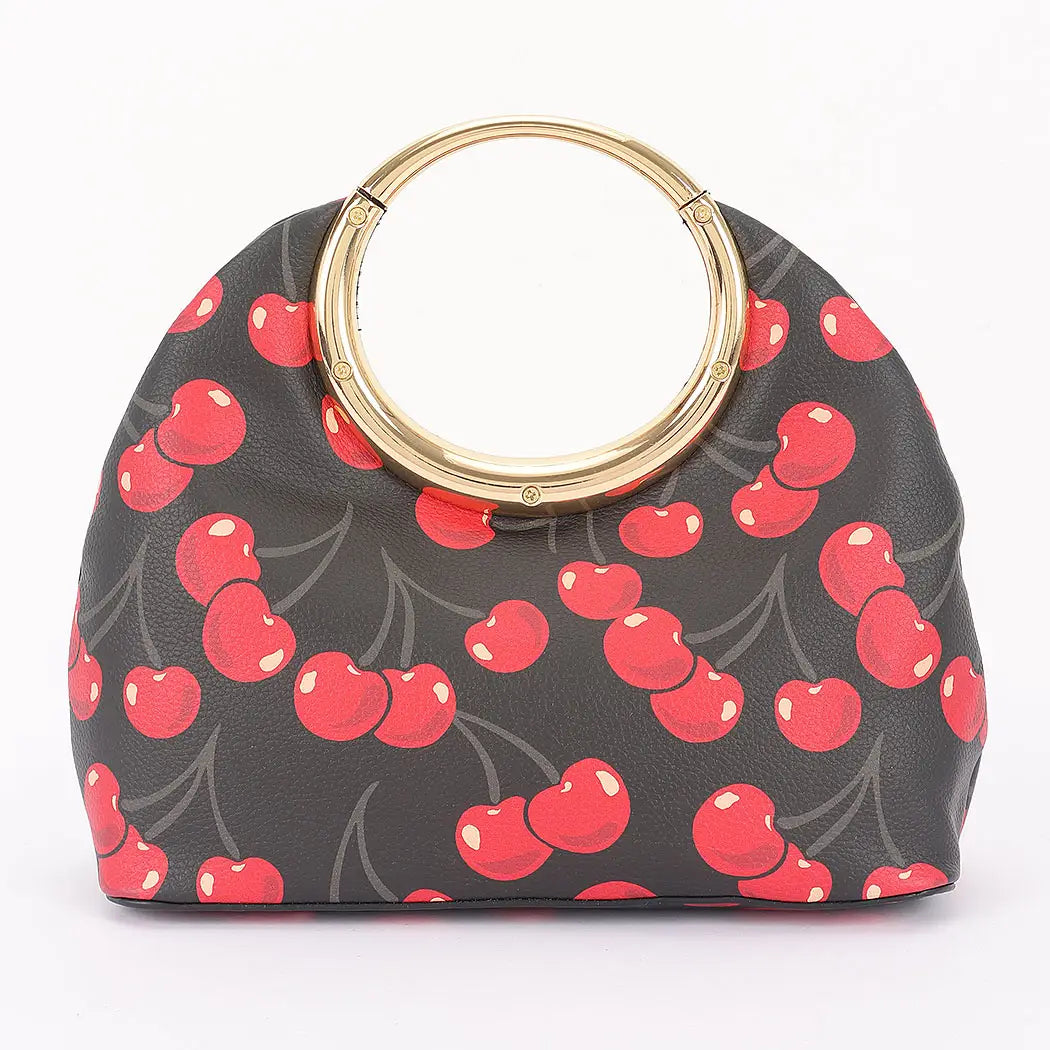 Cherry Print Faux Leather Metal Handle Bag