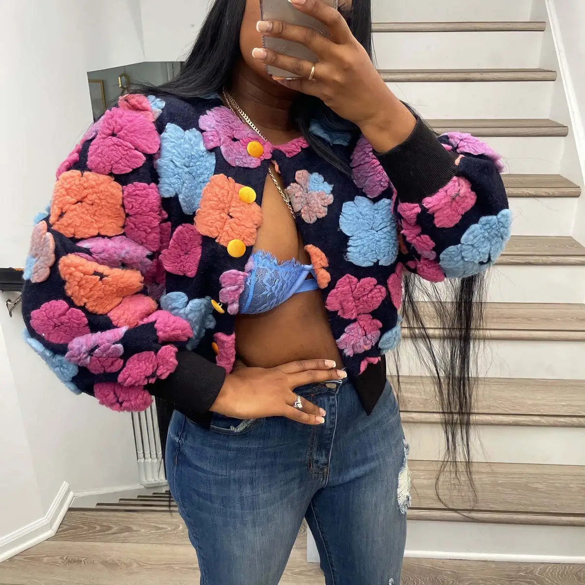 Vintage Floral Knit Cardigan Jacket For Women