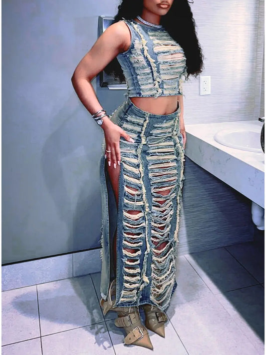 Fashionable Denim Ripped Vest Slit Skirt Two-Piece Set