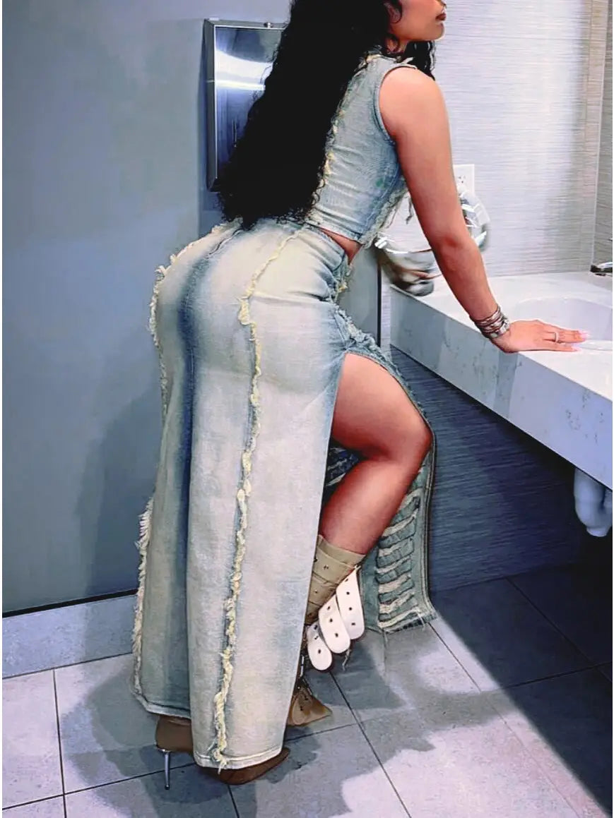 Fashionable Denim Ripped Vest Slit Skirt Two-Piece Set