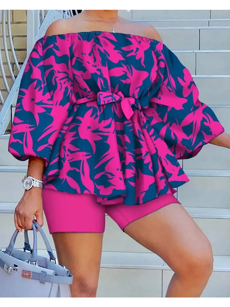 Plants Print Off Shoulder Belted Top Shorts Set