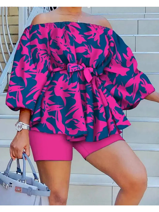 Plants Print Off Shoulder Belted Top Shorts Set