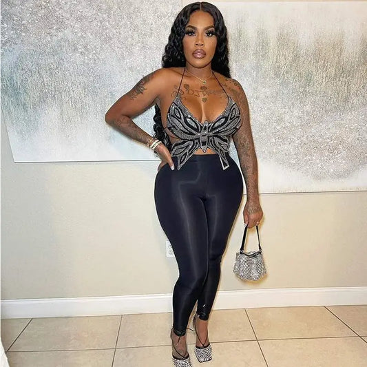 Sexy Butterfly Crop Tank 2pc Pants Sets