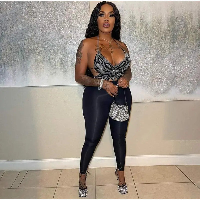 Sexy Butterfly Crop Tank 2pc Pants Sets