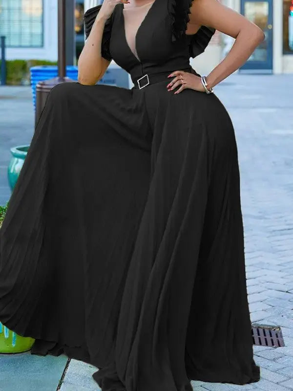 Sexy Deep V-Neck Pleated Wide-Leg Jumpsuit For Women