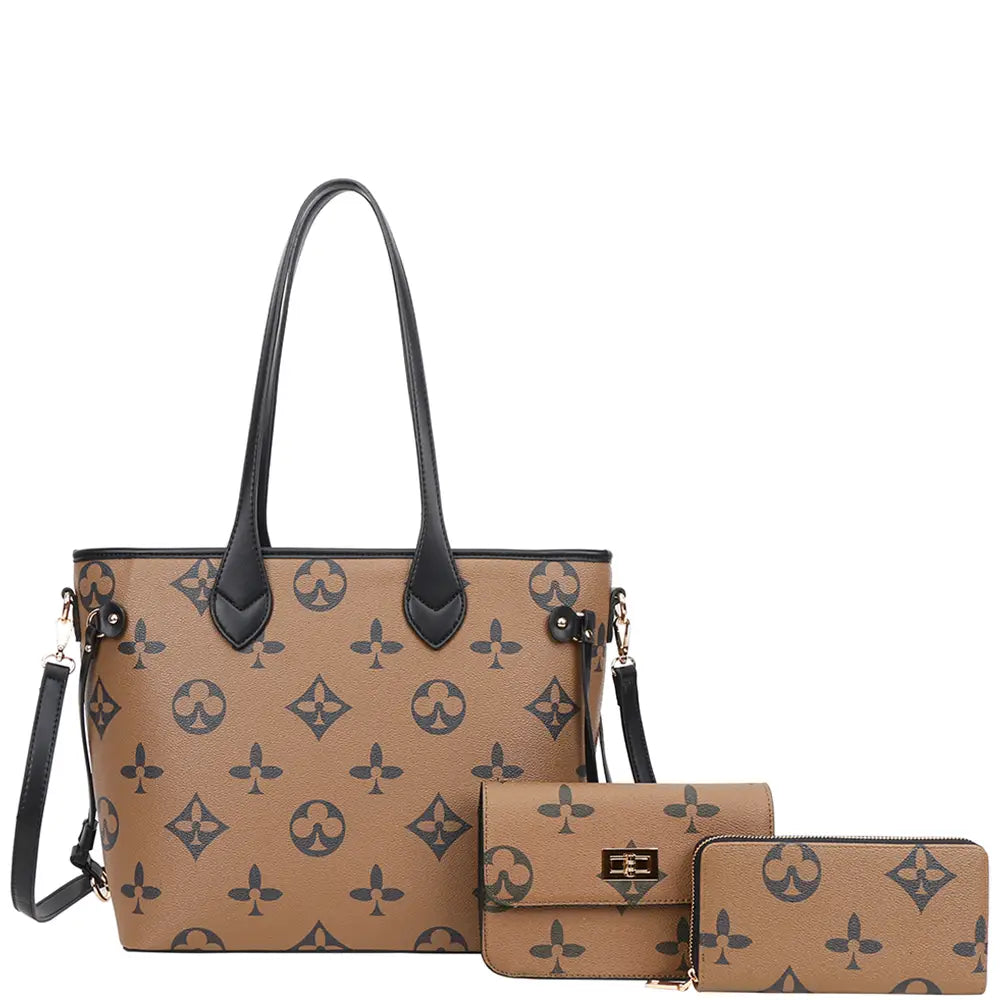 3IN1 Printed Design Shoulder Tote W Crossbody and