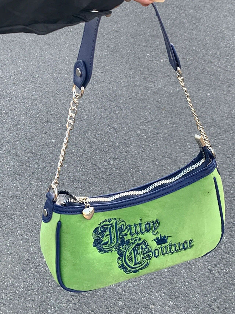 Vintage Grass Embroidered Velvet Shoulder Handbag