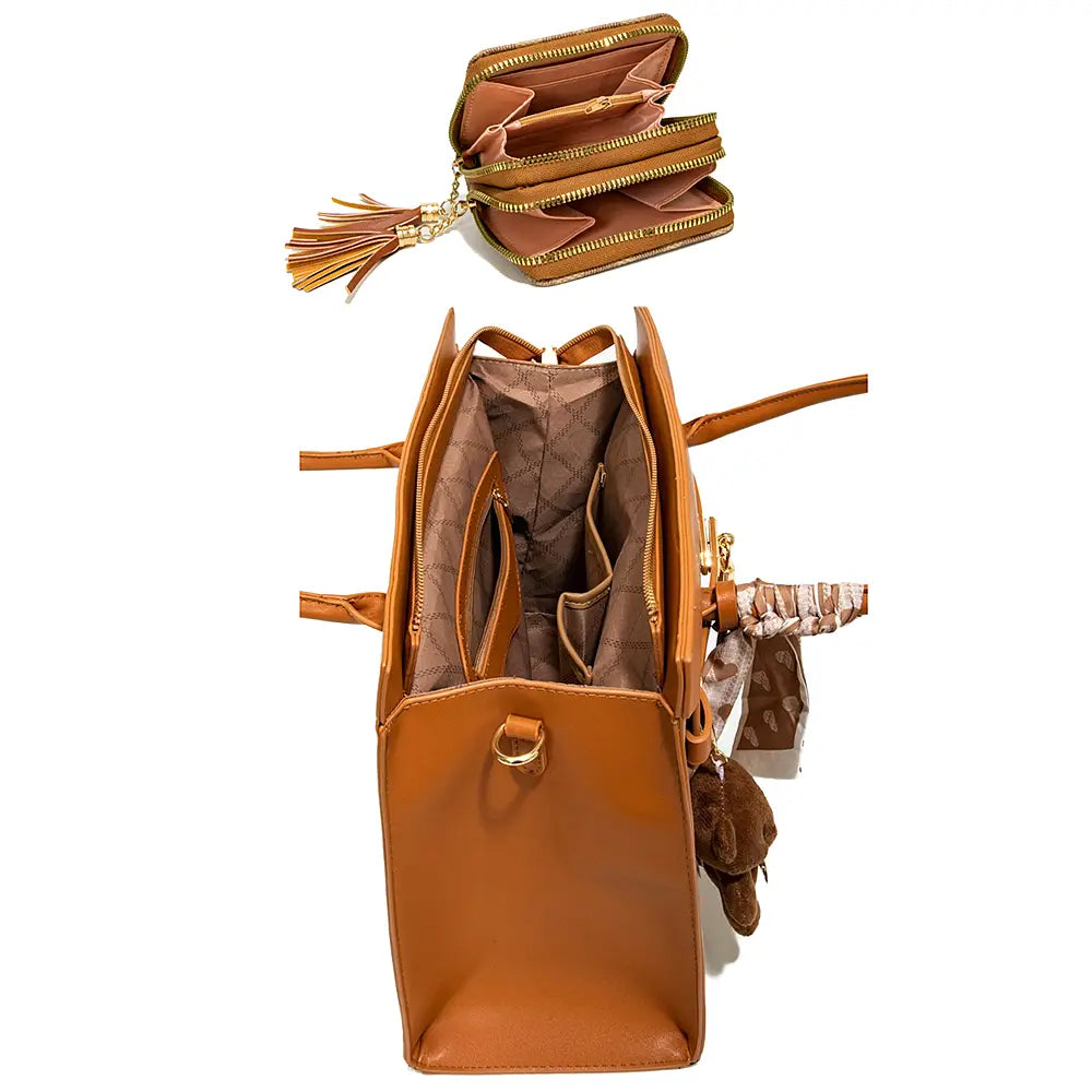 3IN1 Oval Print Design Handle Satchel Wallet