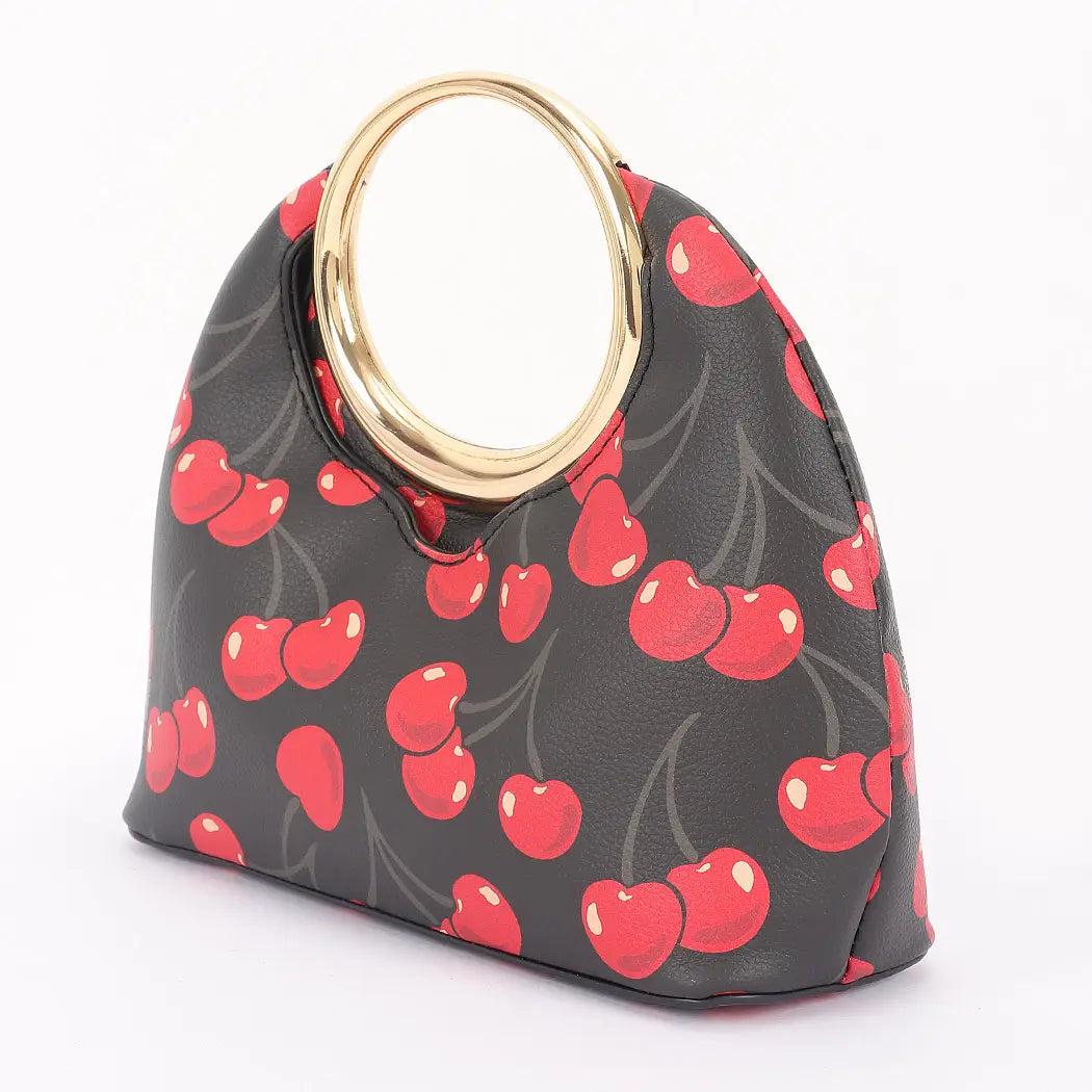 Cherry Print Faux Leather Metal Handle Bag