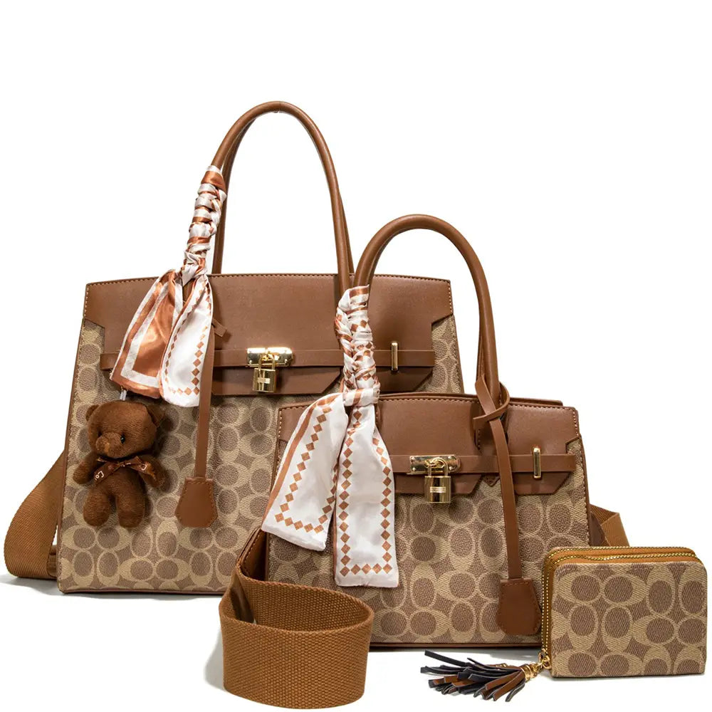 3IN1 Oval Print Design Handle Satchel Wallet