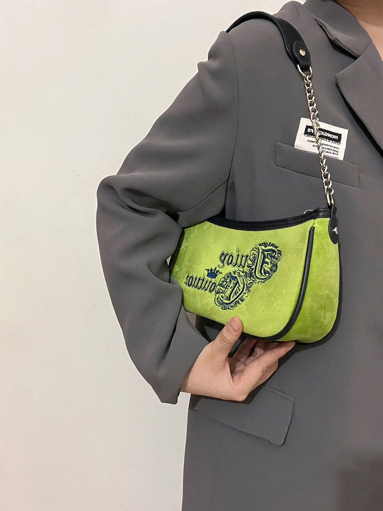 Vintage Grass Embroidered Velvet Shoulder Handbag