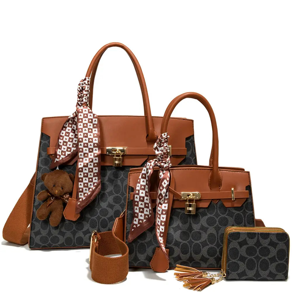 3IN1 Oval Print Design Handle Satchel Wallet