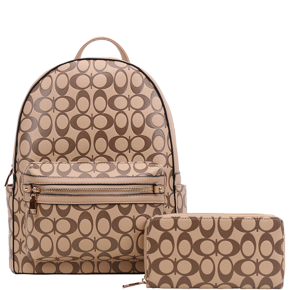 2In1 Oval Pattern Design Handle Zipper Backpack W Wallet Set