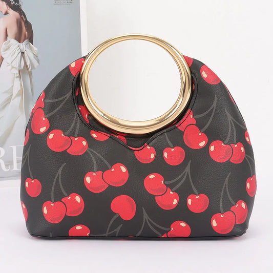 Cherry Print Faux Leather Metal Handle Bag