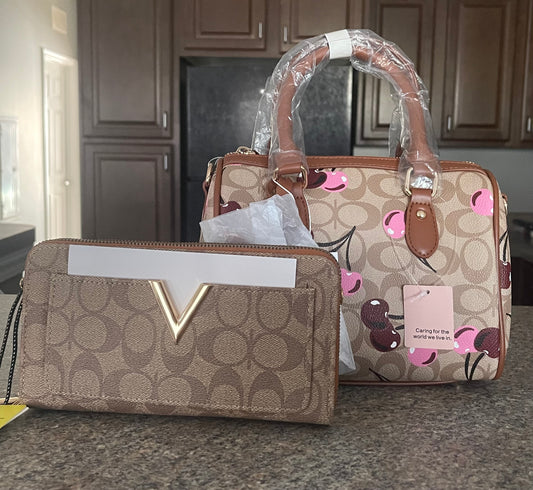 Oval Design Cherry Boston Bag and Crossbody Bag Set