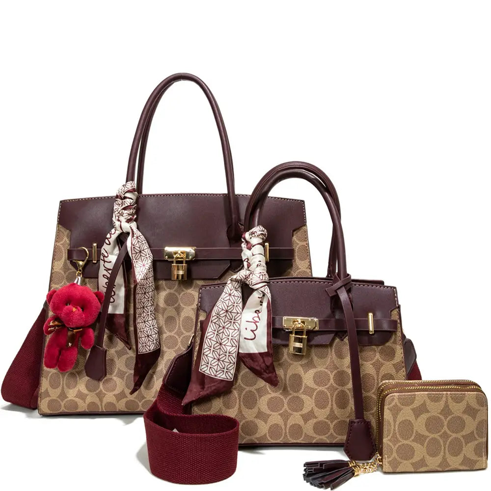 3IN1 Oval Print Design Handle Satchel Wallet