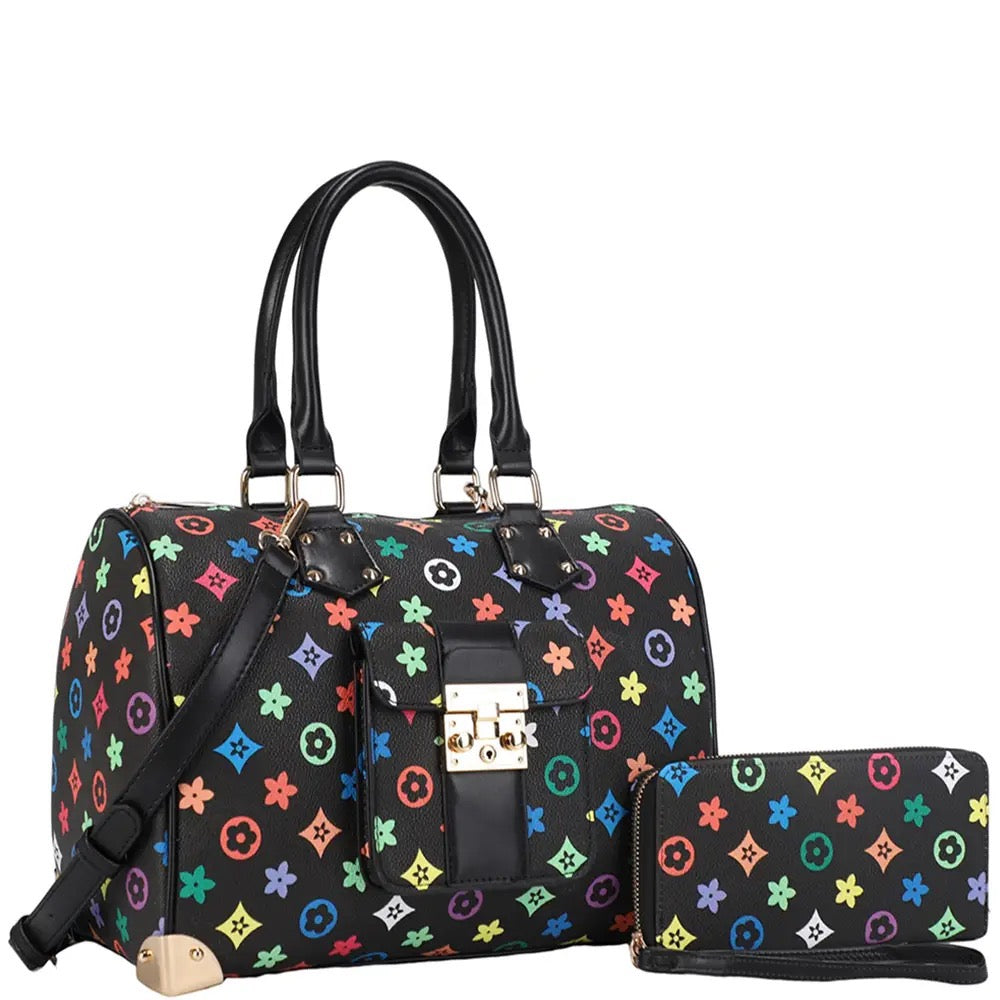 2IN1 Design Print Handle Satchel W Wallet Set. Set of 3