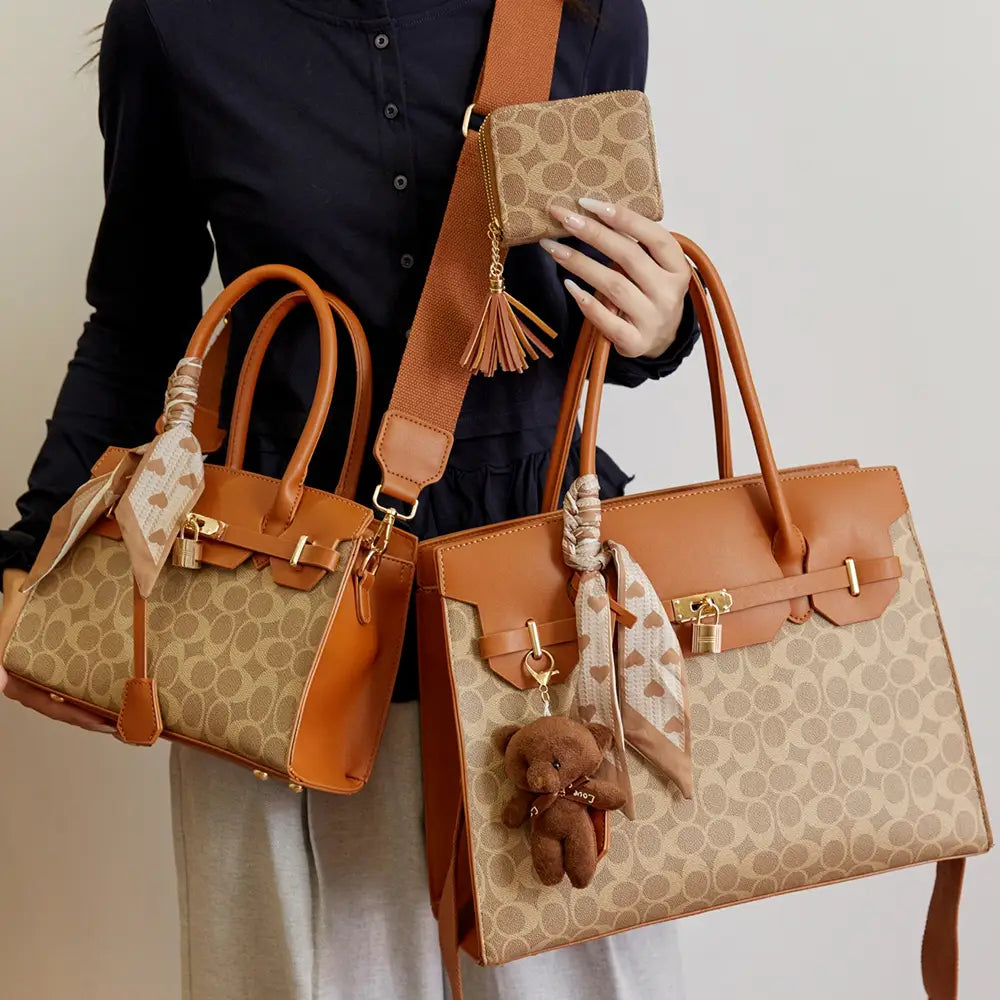 3IN1 Oval Print Design Handle Satchel Wallet