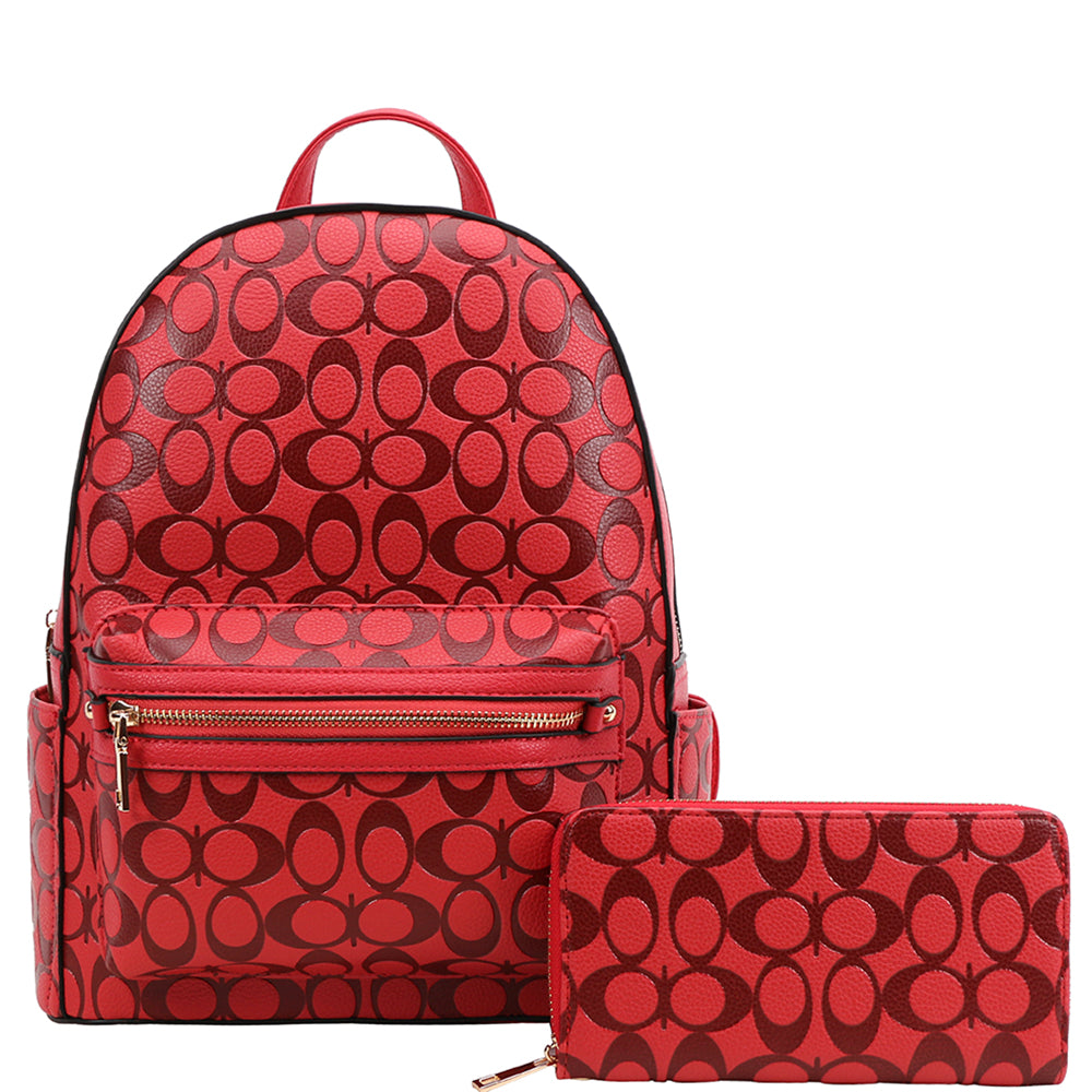 2In1 Oval Pattern Design Handle Zipper Backpack W Wallet Set