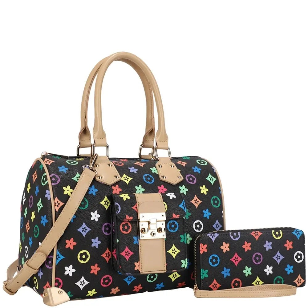 2IN1 Design Print Handle Satchel W Wallet Set. Set of 3
