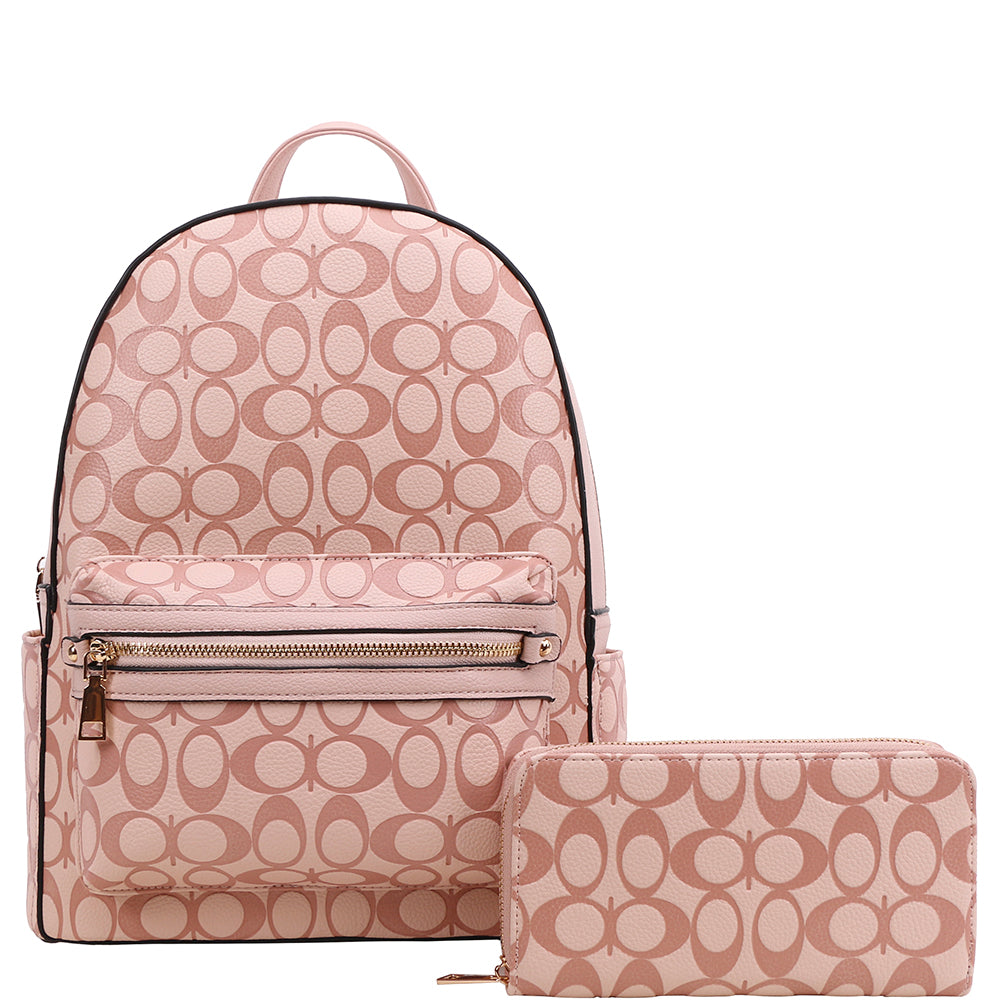 2In1 Oval Pattern Design Handle Zipper Backpack W Wallet Set