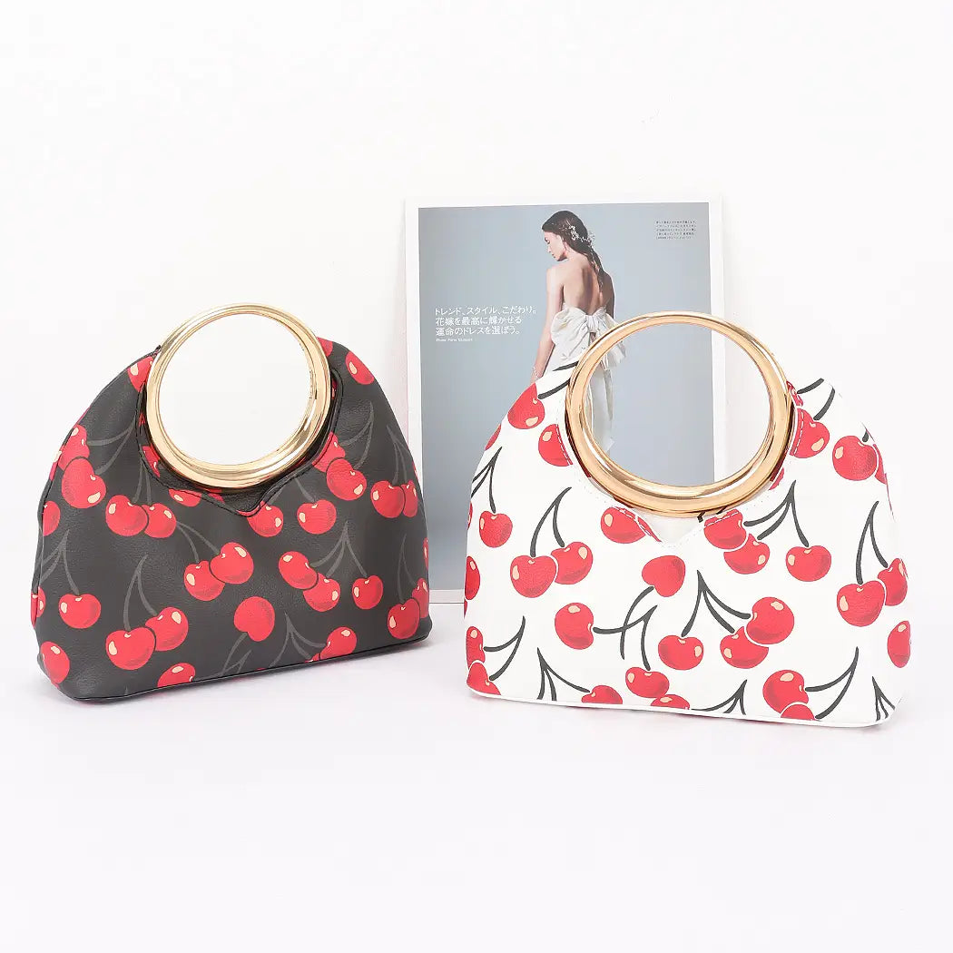 Cherry Print Faux Leather Metal Handle Bag