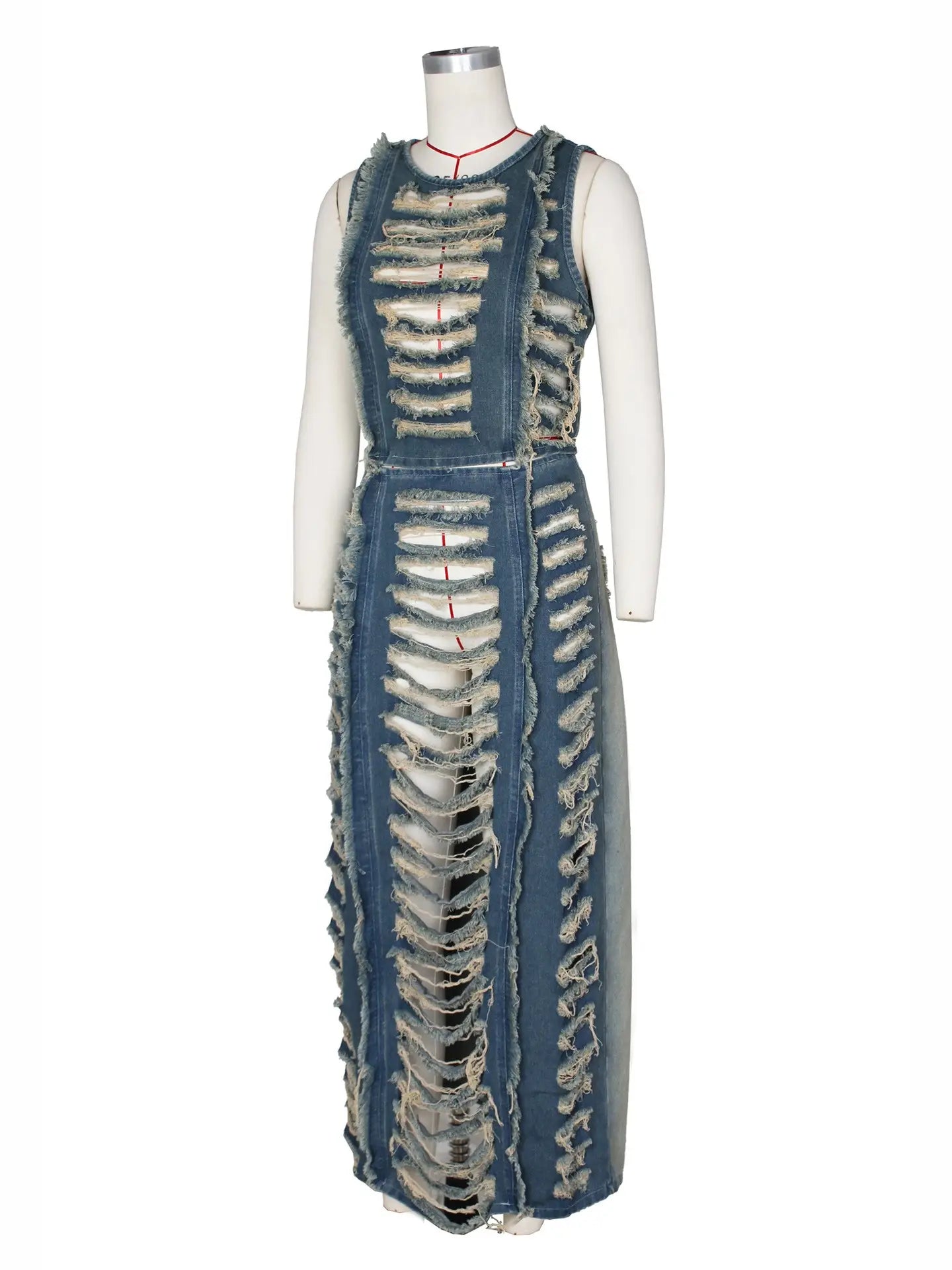 Fashionable Denim Ripped Vest Slit Skirt Two-Piece Set