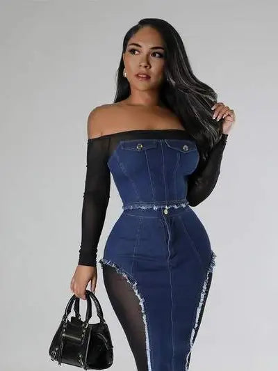 Denim Mesh Shirt and Skirt Set