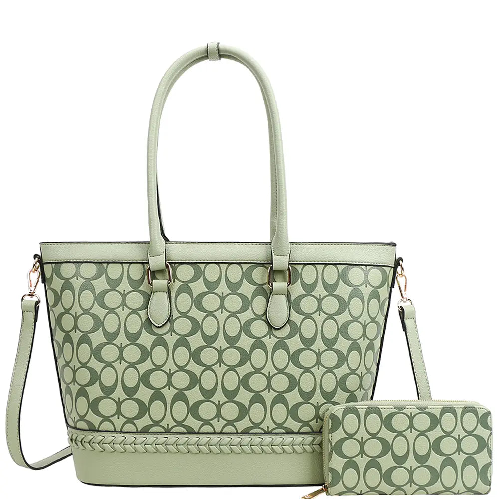 3IN1 Oval Printed Pattern Tote Bag W Wallet Set