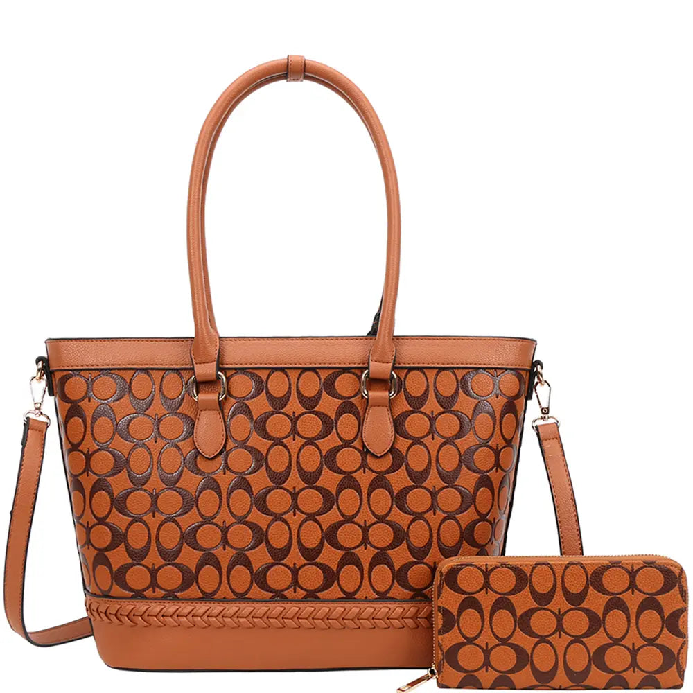 3IN1 Oval Printed Pattern Tote Bag W Wallet Set