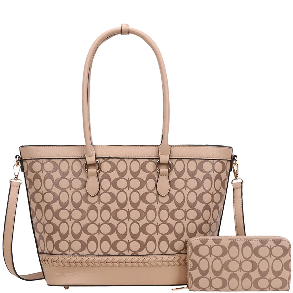 3IN1 Oval Printed Pattern Tote Bag W Wallet Set