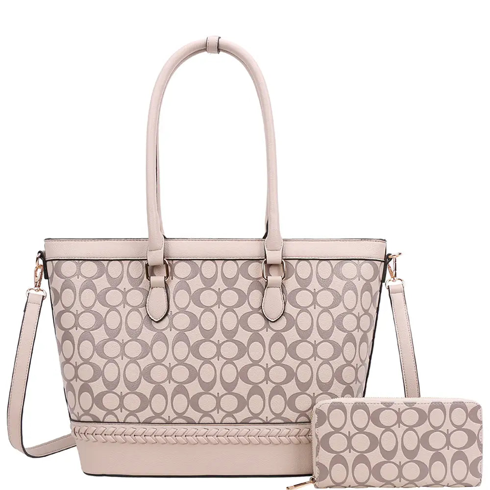 3IN1 Oval Printed Pattern Tote Bag W Wallet Set