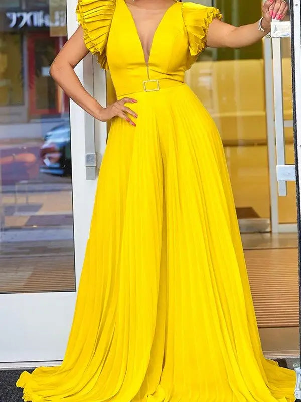 Sexy Deep V-Neck Pleated Wide-Leg Jumpsuit For Women
