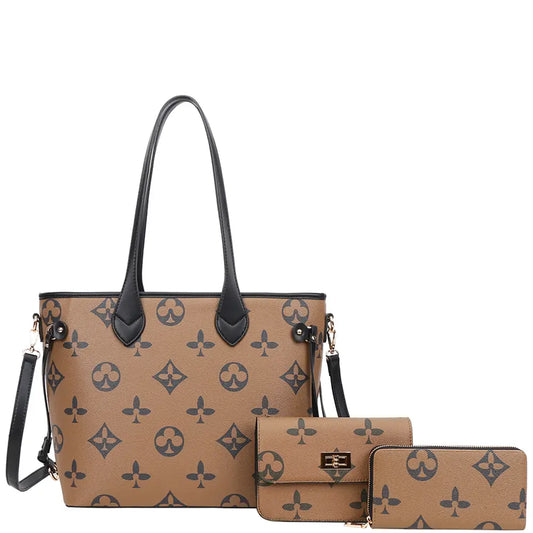 3IN1 Printed Design Shoulder Tote W Crossbody and