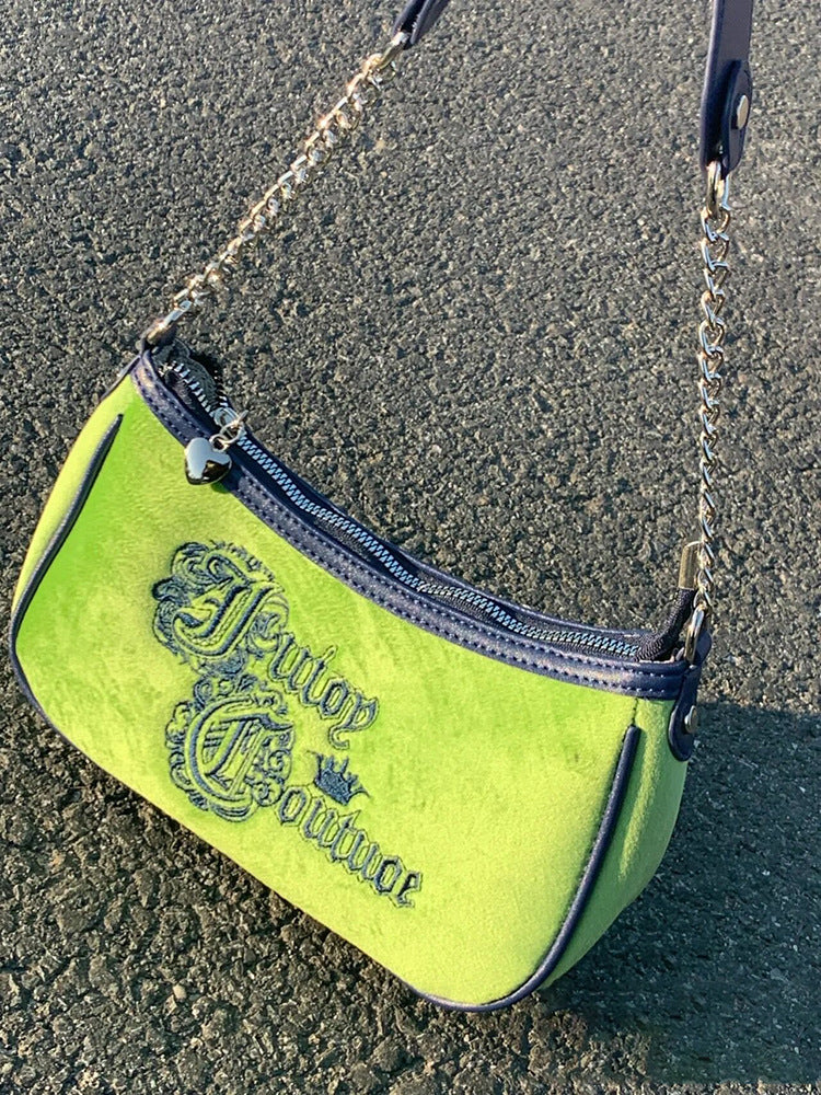 Vintage Grass Embroidered Velvet Shoulder Handbag